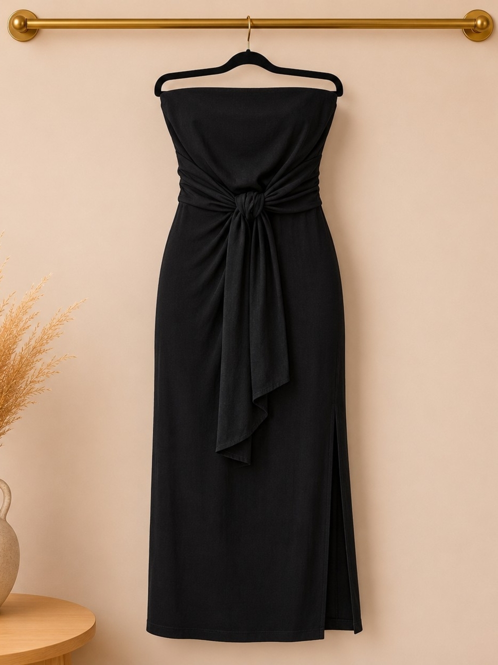 Strapless Black Knot-Front Midi Dress